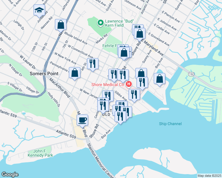 map of restaurants, bars, coffee shops, grocery stores, and more near 649 Shore Road in Somers Point