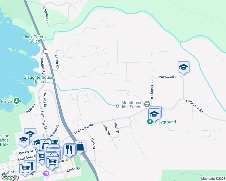 map of restaurants, bars, coffee shops, grocery stores, and more near 44551 Raven Lane in Mendocino