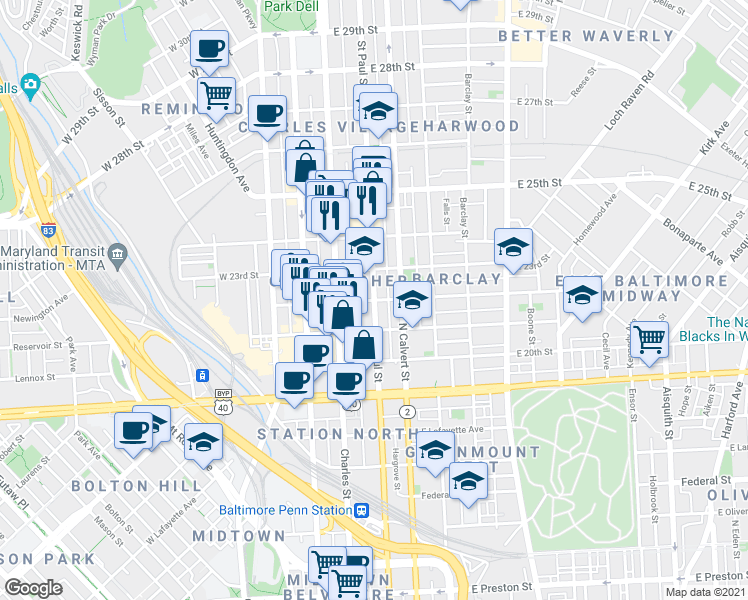 map of restaurants, bars, coffee shops, grocery stores, and more near St Paul St & E 22nd St in Baltimore