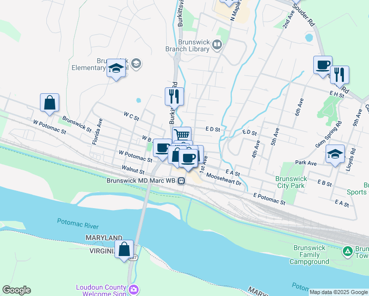 map of restaurants, bars, coffee shops, grocery stores, and more near 7 West B Street in Brunswick