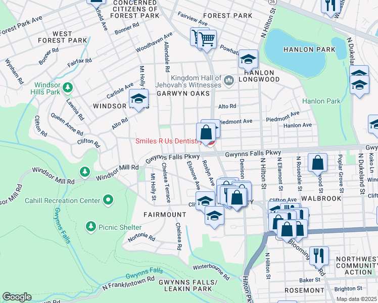 map of restaurants, bars, coffee shops, grocery stores, and more near 2303 Elsinore Avenue in Baltimore