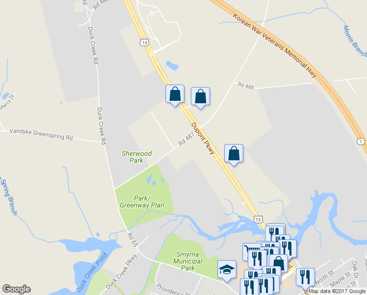 map of restaurants, bars, coffee shops, grocery stores, and more near 1615 Road 487 in Smyrna