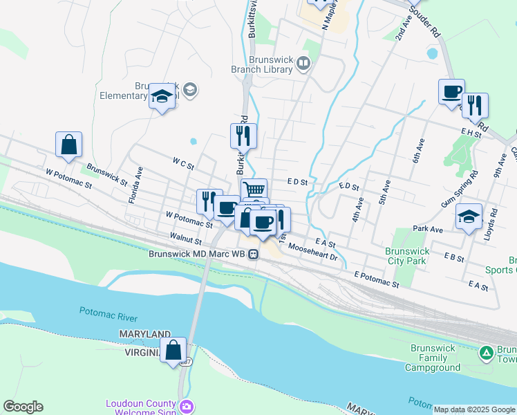 map of restaurants, bars, coffee shops, grocery stores, and more near 7 West B Street in Brunswick