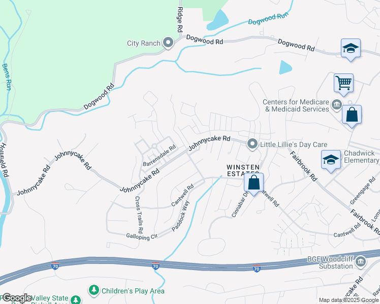 map of restaurants, bars, coffee shops, grocery stores, and more near 2091 Park Trail Road in Woodlawn