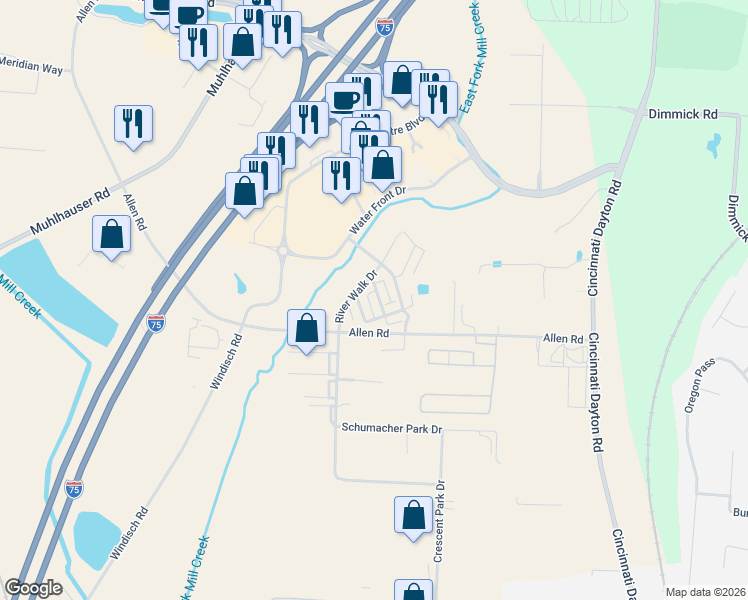 map of restaurants, bars, coffee shops, grocery stores, and more near 9535 River Walk Drive in Butler County