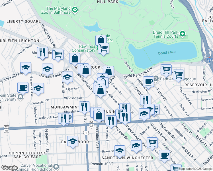 map of restaurants, bars, coffee shops, grocery stores, and more near N Fulton Ave & Parkwood Ave in Baltimore