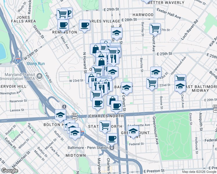 map of restaurants, bars, coffee shops, grocery stores, and more near 12 East 22nd Street in Baltimore