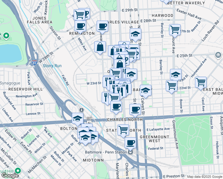 map of restaurants, bars, coffee shops, grocery stores, and more near 2202 Maryland Avenue in Baltimore