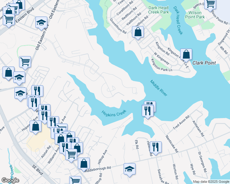 map of restaurants, bars, coffee shops, grocery stores, and more near 566 Hopkins Landing Drive in Essex