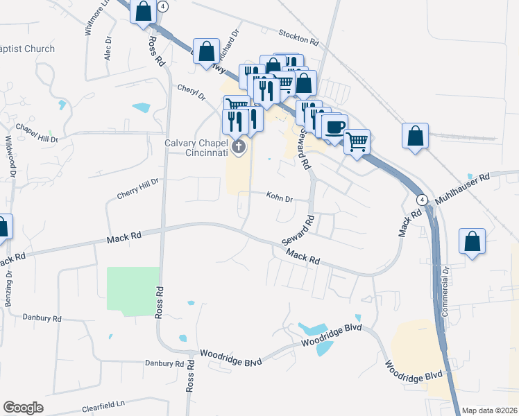 map of restaurants, bars, coffee shops, grocery stores, and more near 3645 Kohn Drive in Fairfield