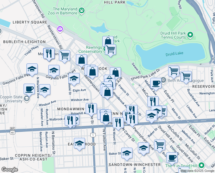 map of restaurants, bars, coffee shops, grocery stores, and more near 2827 Woodbrook Avenue in Baltimore