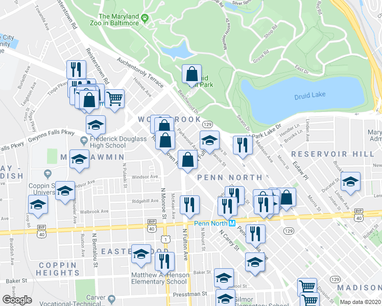 map of restaurants, bars, coffee shops, grocery stores, and more near 2827 Woodbrook Avenue in Baltimore