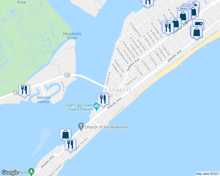 map of restaurants, bars, coffee shops, grocery stores, and more near 24 North 28th Avenue in Longport