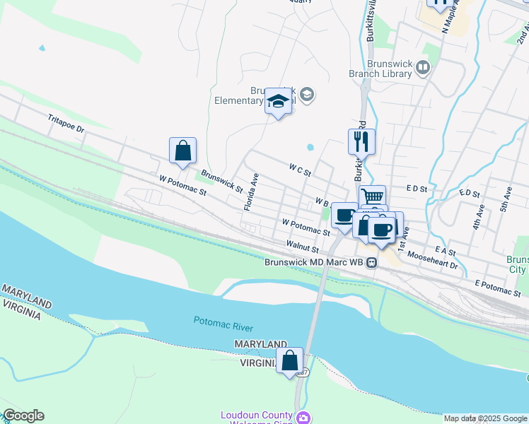 map of restaurants, bars, coffee shops, grocery stores, and more near 519 West Potomac Street in Brunswick
