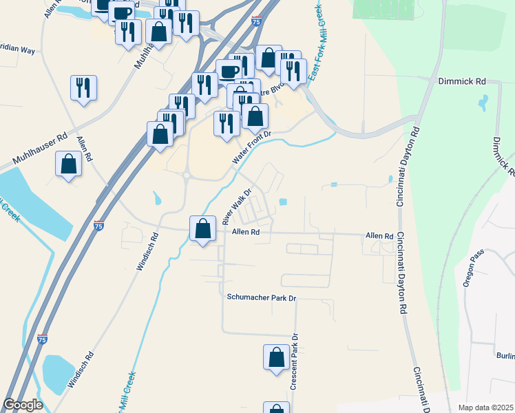 map of restaurants, bars, coffee shops, grocery stores, and more near 9535 River Walk Drive in Butler County