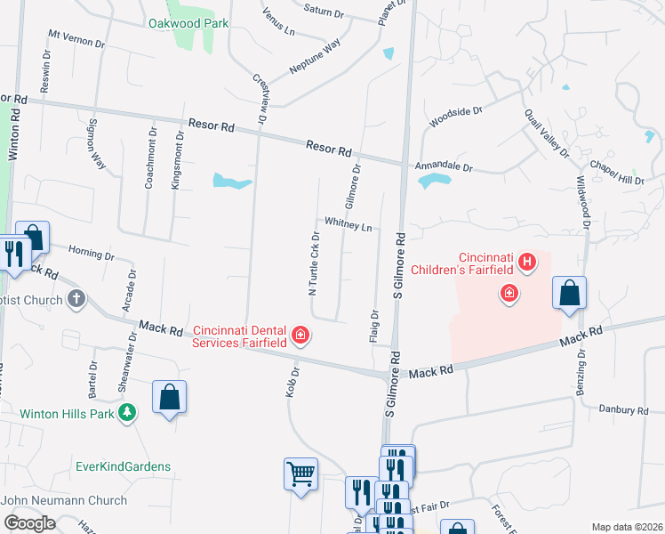 map of restaurants, bars, coffee shops, grocery stores, and more near 5920 North Turtlecreek Drive in Fairfield