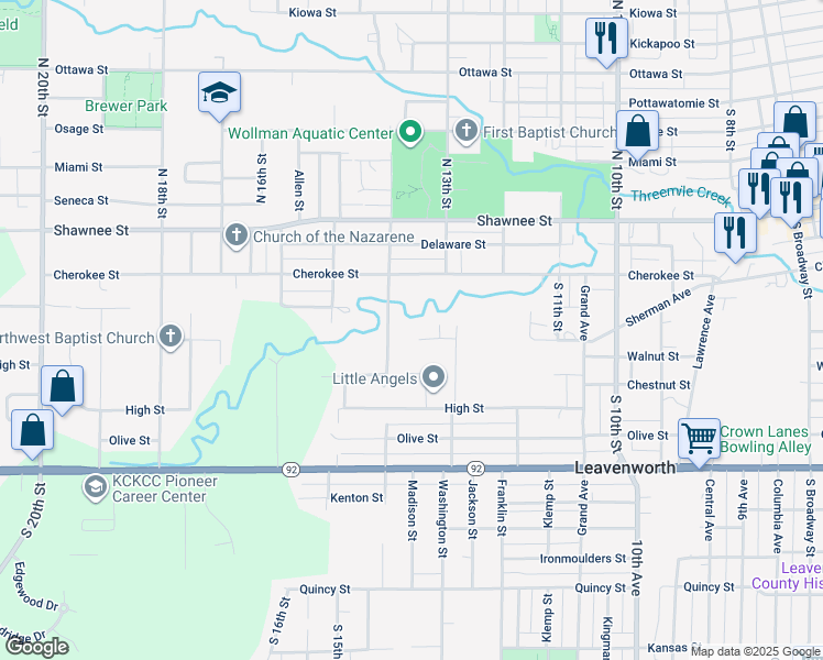 map of restaurants, bars, coffee shops, grocery stores, and more near 1368 Sherman Avenue in Leavenworth