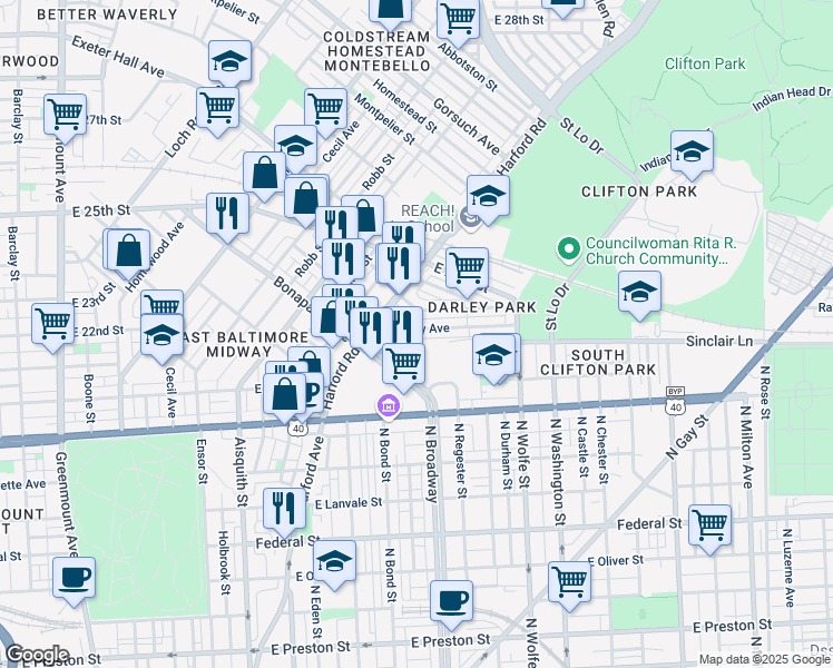 map of restaurants, bars, coffee shops, grocery stores, and more near 1625 Darley Avenue in Baltimore