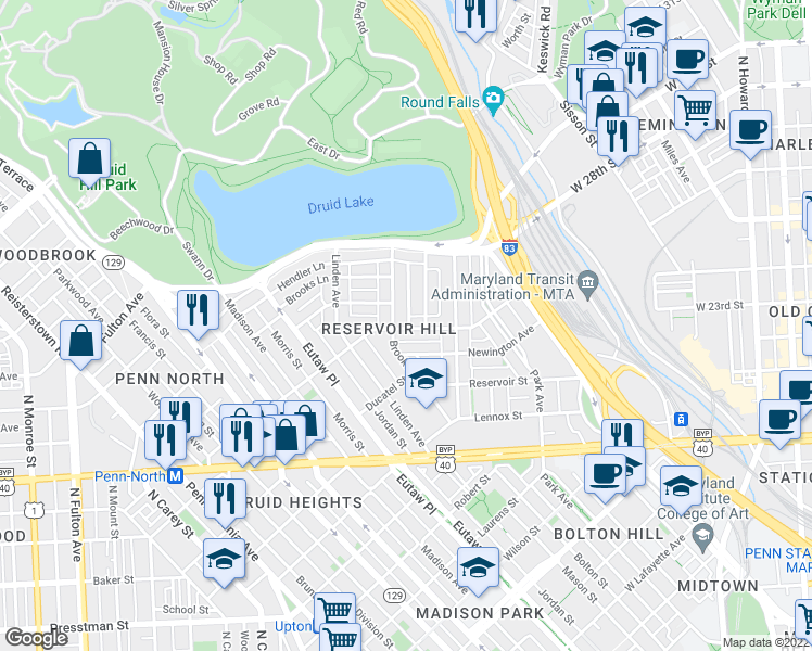 map of restaurants, bars, coffee shops, grocery stores, and more near 918 Whitelock Street in Baltimore