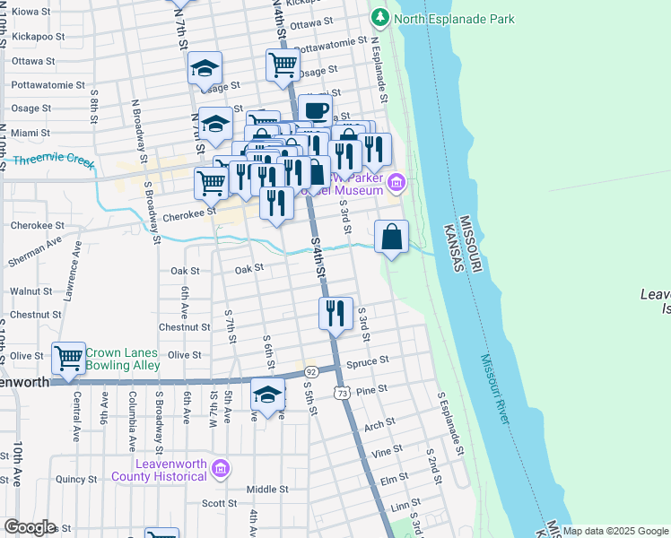 map of restaurants, bars, coffee shops, grocery stores, and more near 300 Walnut Street in Leavenworth