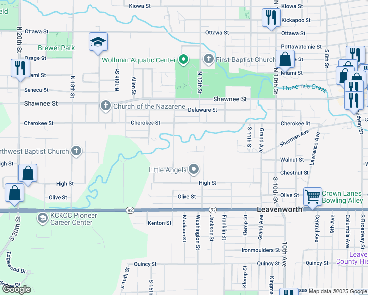 map of restaurants, bars, coffee shops, grocery stores, and more near 1368 Sherman Ave in Leavenworth