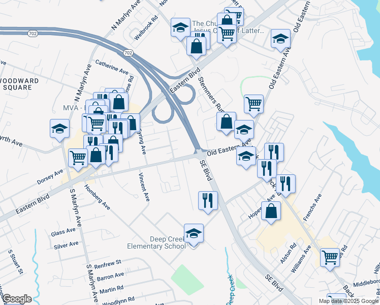 map of restaurants, bars, coffee shops, grocery stores, and more near 1410 Old Eastern Avenue in Essex