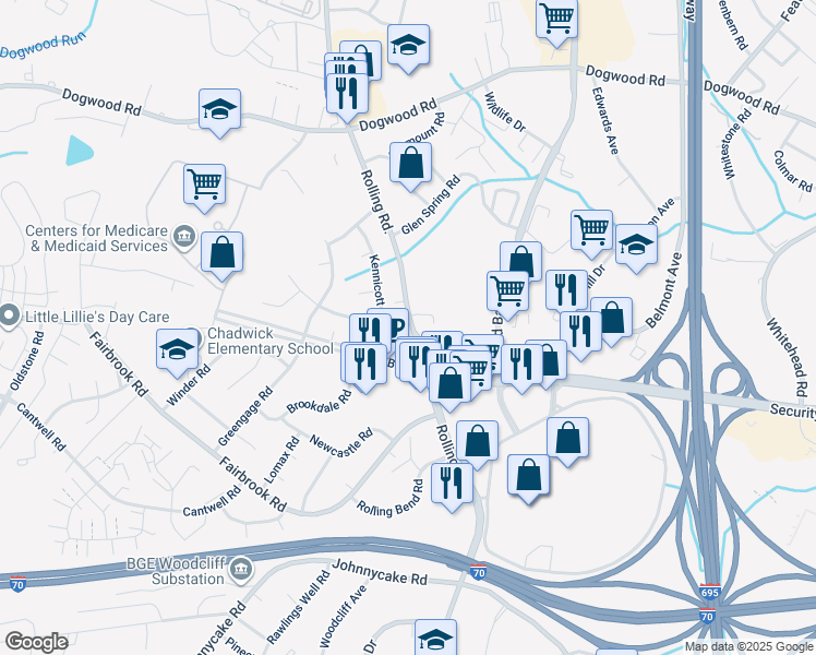 map of restaurants, bars, coffee shops, grocery stores, and more near 2012 North Rolling Road in Woodlawn