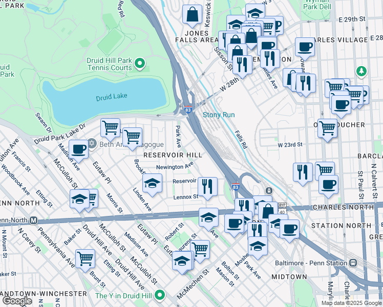 map of restaurants, bars, coffee shops, grocery stores, and more near 2111 Park Avenue in Baltimore