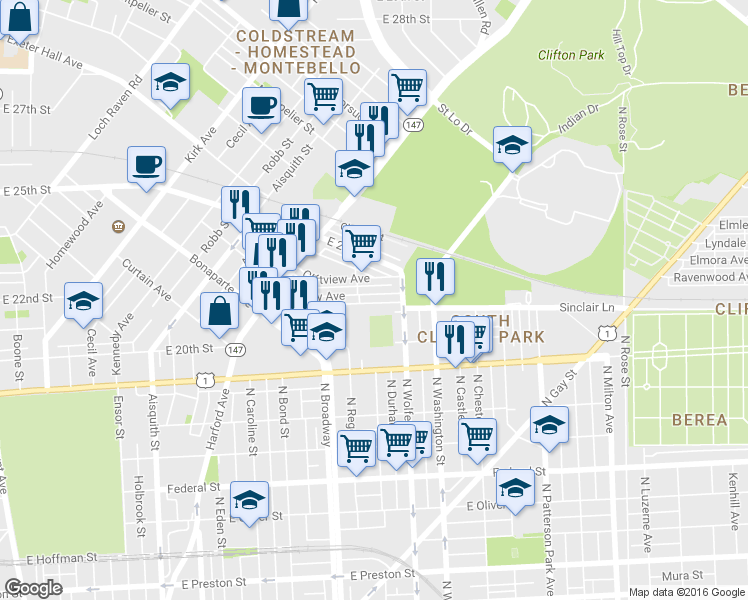 map of restaurants, bars, coffee shops, grocery stores, and more near 1729 Darley Avenue in Baltimore