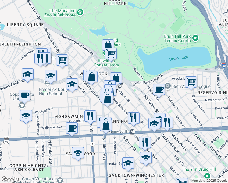 map of restaurants, bars, coffee shops, grocery stores, and more near 2300 North Fulton Avenue in Baltimore