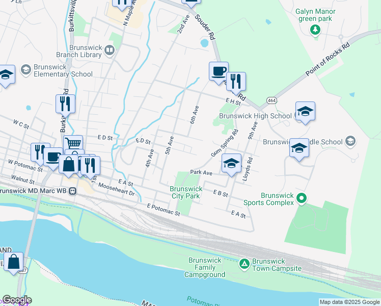 map of restaurants, bars, coffee shops, grocery stores, and more near 607 E D St in Brunswick