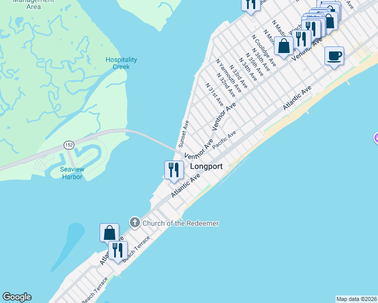 map of restaurants, bars, coffee shops, grocery stores, and more near 24 North 28th Avenue in Longport