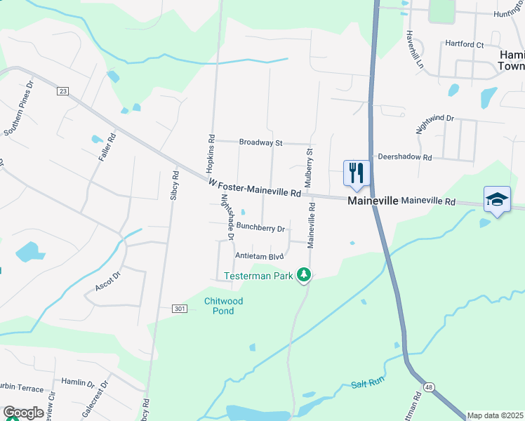map of restaurants, bars, coffee shops, grocery stores, and more near 8202 Melrose Lane in Maineville