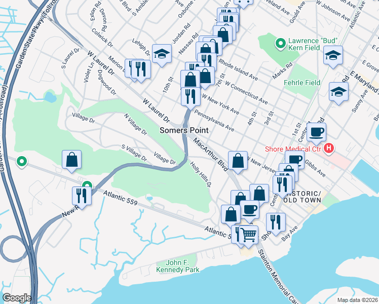 map of restaurants, bars, coffee shops, grocery stores, and more near 1 Holly Hills Drive in Somers Point