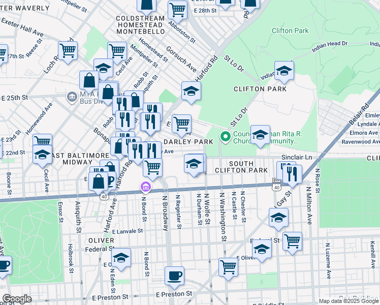 map of restaurants, bars, coffee shops, grocery stores, and more near 1729 Darley Avenue in Baltimore