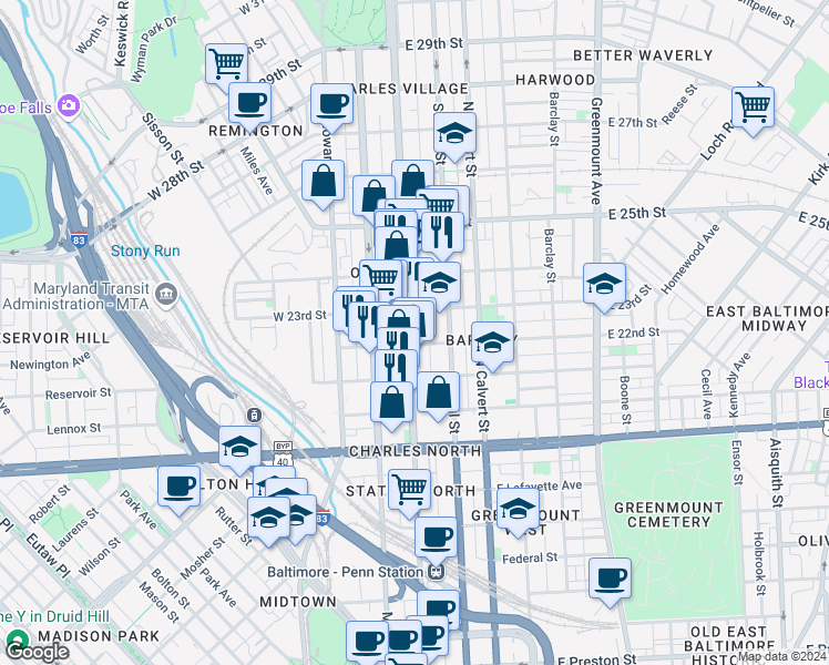map of restaurants, bars, coffee shops, grocery stores, and more near 2211 North Charles Street in Baltimore
