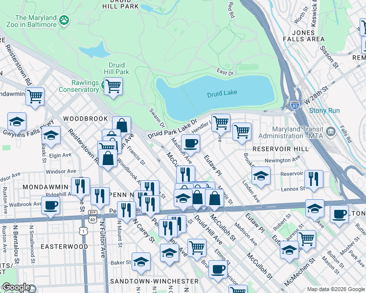 map of restaurants, bars, coffee shops, grocery stores, and more near 2537 Madison Avenue in Baltimore