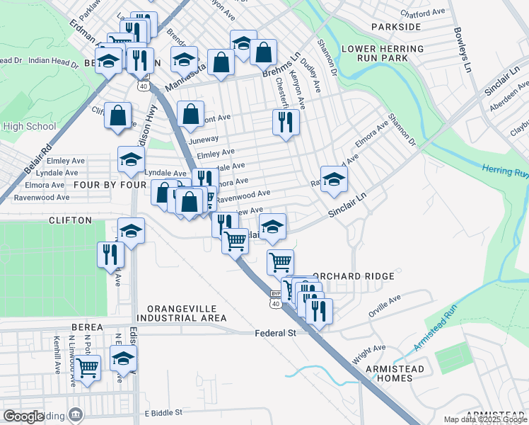 map of restaurants, bars, coffee shops, grocery stores, and more near 3727 Bonview Avenue in Baltimore