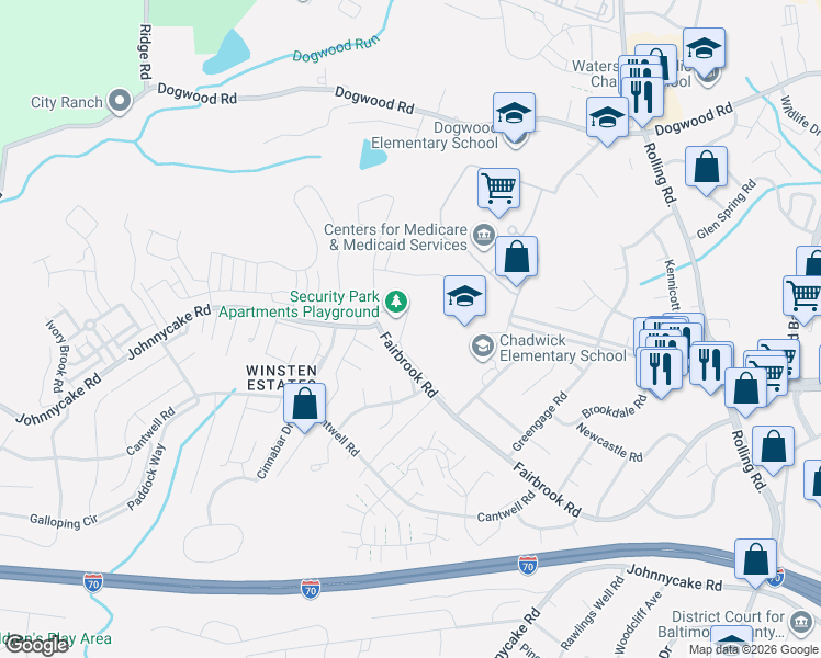 map of restaurants, bars, coffee shops, grocery stores, and more near 7402 Fairbrook Road in Woodlawn