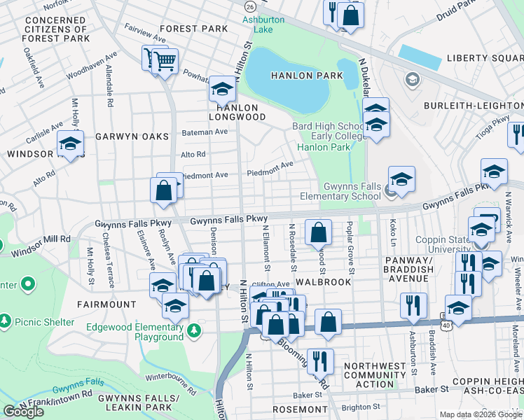 map of restaurants, bars, coffee shops, grocery stores, and more near 3200 Gwynns Falls Parkway in Baltimore
