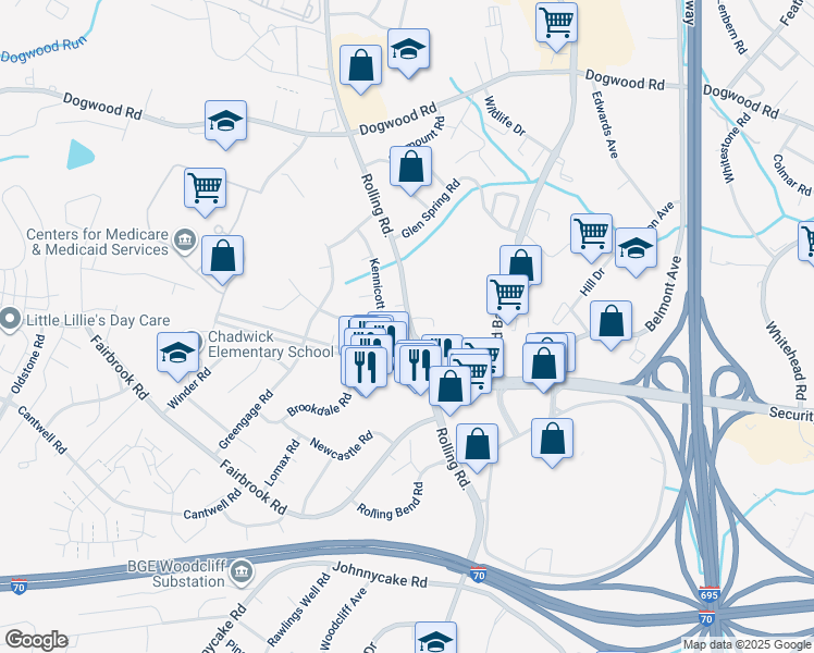 map of restaurants, bars, coffee shops, grocery stores, and more near 2012 North Rolling Road in Woodlawn