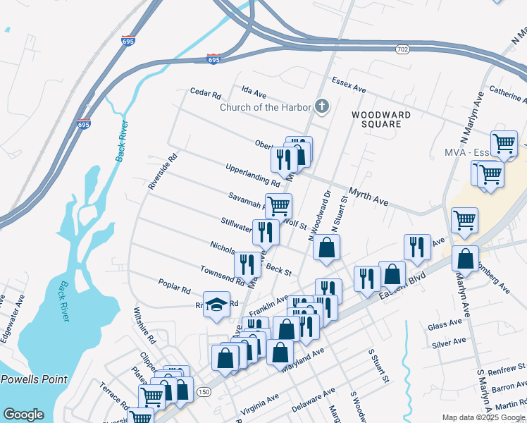map of restaurants, bars, coffee shops, grocery stores, and more near 361 Savannah Road in Essex