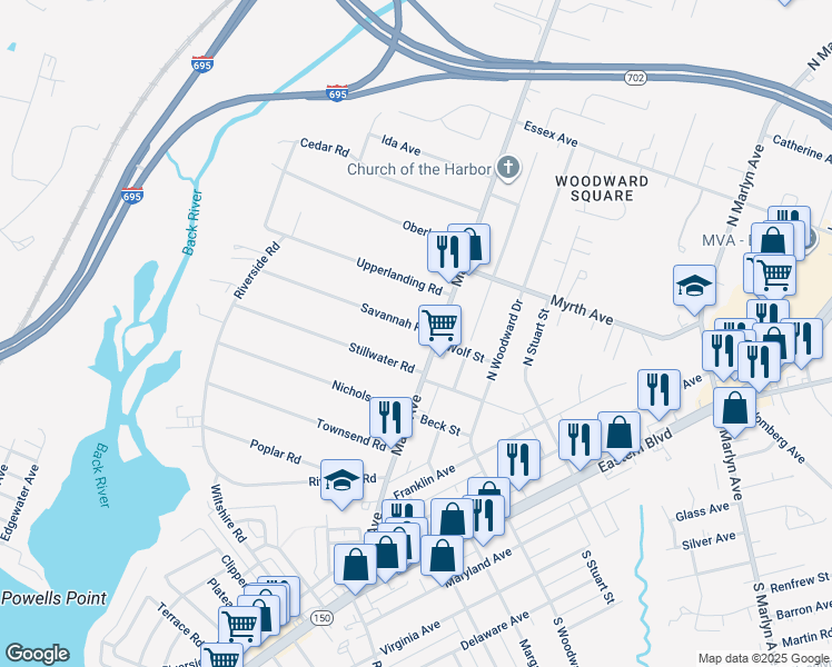 map of restaurants, bars, coffee shops, grocery stores, and more near 361 Savannah Road in Essex