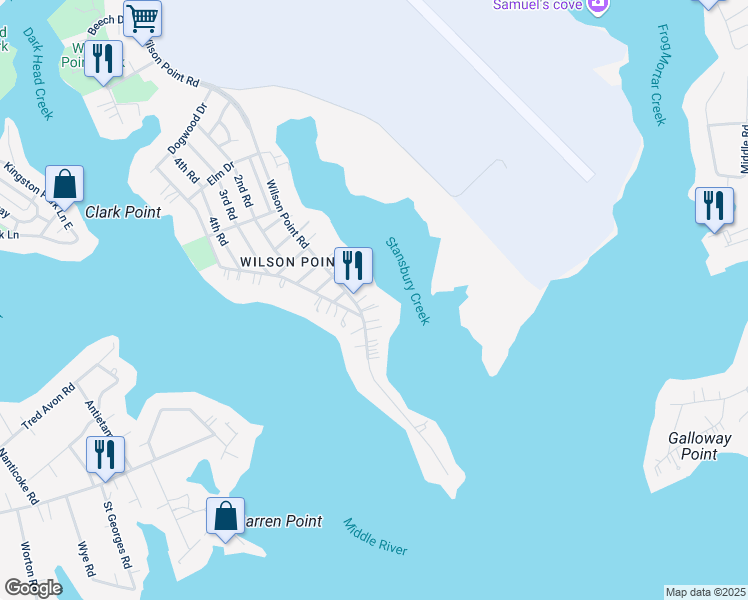 map of restaurants, bars, coffee shops, grocery stores, and more near 1609 Wilson Point Road in Middle River