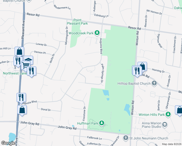 map of restaurants, bars, coffee shops, grocery stores, and more near 525 Augusta Boulevard in Fairfield