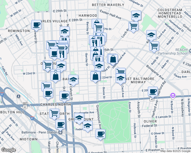 map of restaurants, bars, coffee shops, grocery stores, and more near 446 East 22nd Street in Baltimore