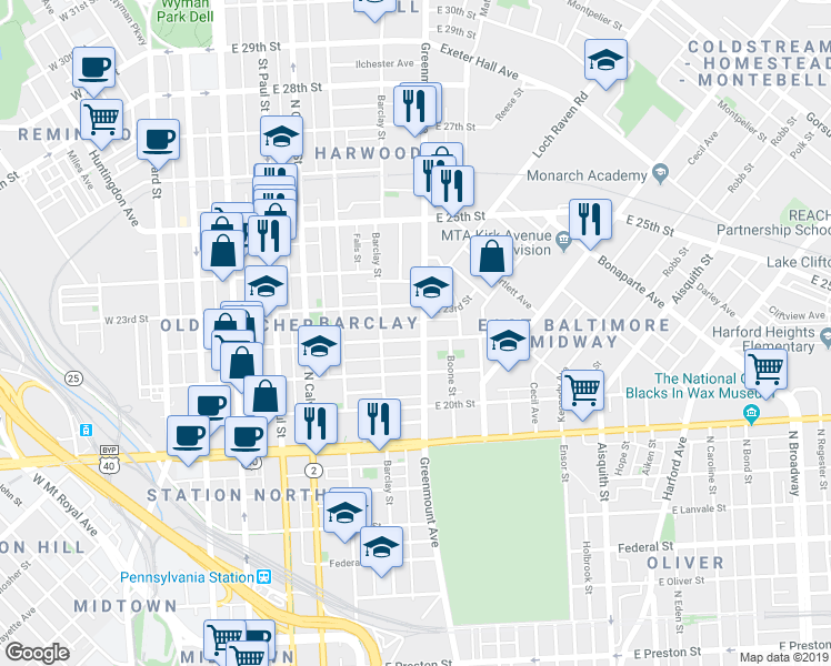 map of restaurants, bars, coffee shops, grocery stores, and more near 446 East 22nd Street in Baltimore