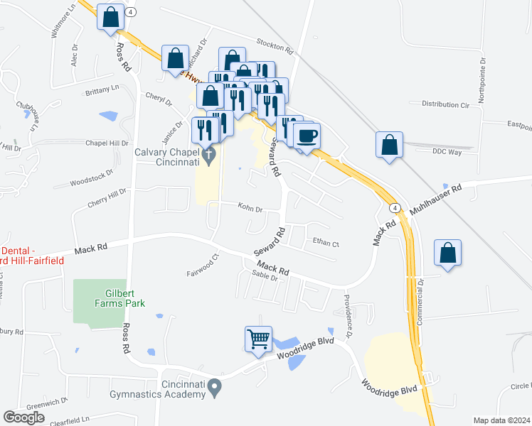 map of restaurants, bars, coffee shops, grocery stores, and more near 3663 Kohn Drive in Fairfield