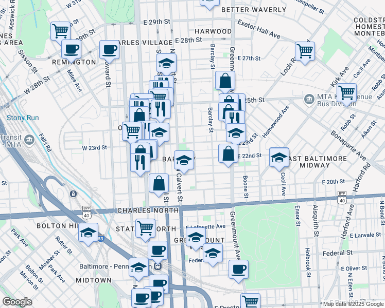 map of restaurants, bars, coffee shops, grocery stores, and more near 2202 Guilford Avenue in Baltimore