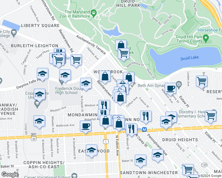 map of restaurants, bars, coffee shops, grocery stores, and more near 2204 Lynbrook Avenue in Baltimore